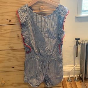 White + Blue stripped romper w/ red stars, girls XL/women’s M